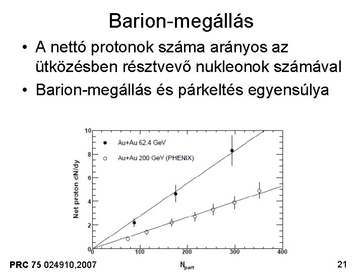 Barion-megállás • A nettó protonok száma arányos az ütközésben résztvevő nukleonok számával • Barion-megállás