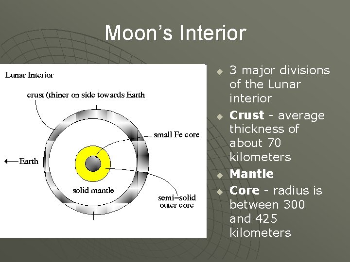 Moon’s Interior u u 3 major divisions of the Lunar interior Crust - average