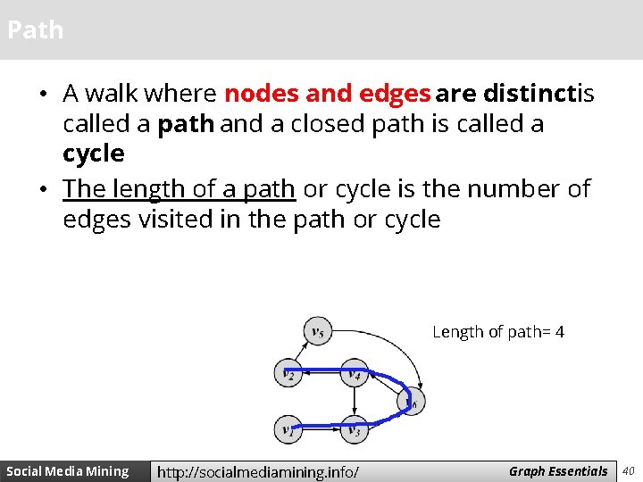 Path • A walk where nodes and edges are distinctis called a path and