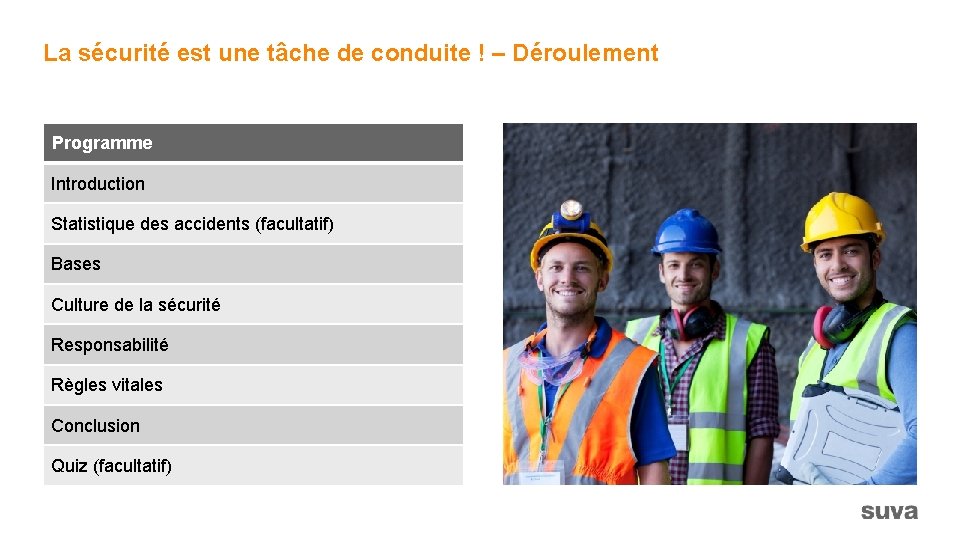 La sécurité est une tâche de conduite ! – Déroulement Programme Introduction Statistique des