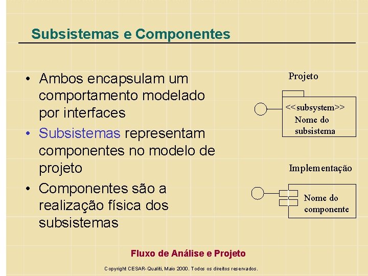 Subsistemas e Componentes • Ambos encapsulam um comportamento modelado por interfaces • Subsistemas representam