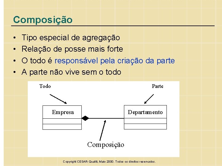 Composição • • Tipo especial de agregação Relação de posse mais forte O todo