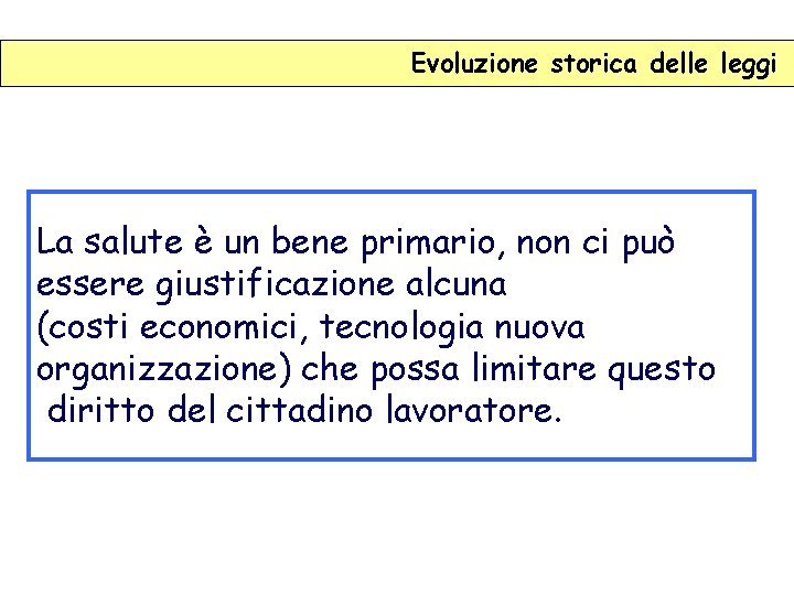 Evoluzione storica delle leggi La salute è un bene primario, non ci può essere