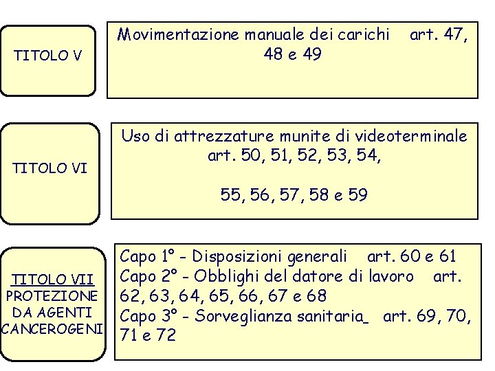 TITOLO VI Movimentazione manuale dei carichi 48 e 49 art. 47, Uso di attrezzature