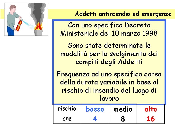 Addetti antincendio ed emergenze Con uno specifico Decreto Ministeriale del 10 marzo 1998 Sono