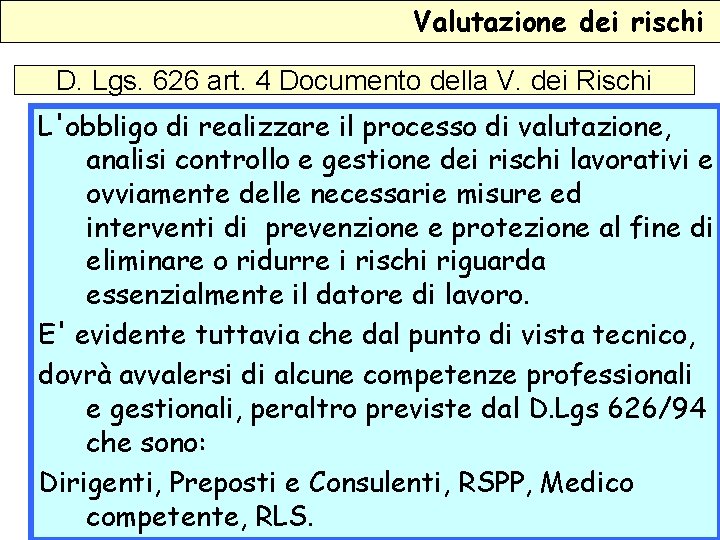 Valutazione dei rischi D. Lgs. 626 art. 4 Documento della V. dei Rischi L'obbligo