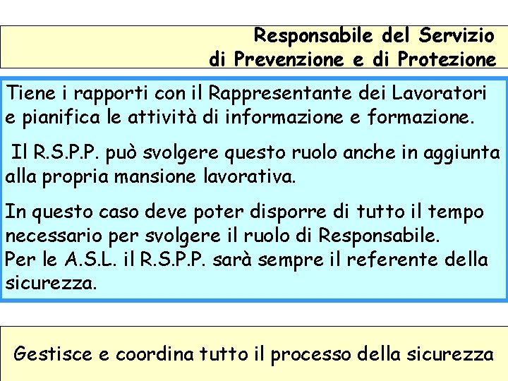 Responsabile del Servizio di Prevenzione e di Protezione Tiene i rapporti con il Rappresentante