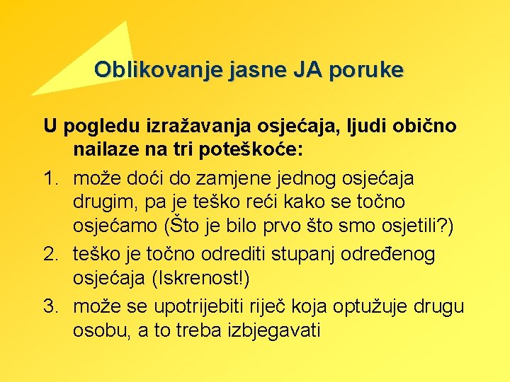 Oblikovanje jasne JA poruke U pogledu izražavanja osjećaja, ljudi obično nailaze na tri poteškoće: