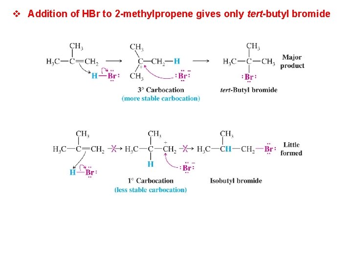 v Addition of HBr to 2 -methylpropene gives only tert-butyl bromide 