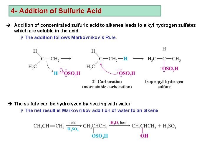 4 - Addition of Sulfuric Acid è Addition of concentrated sulfuric acid to alkenes