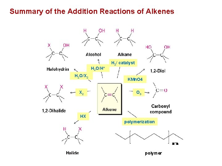 Summary of the Addition Reactions of Alkenes H 2 O/H+ H 2 O/X 2