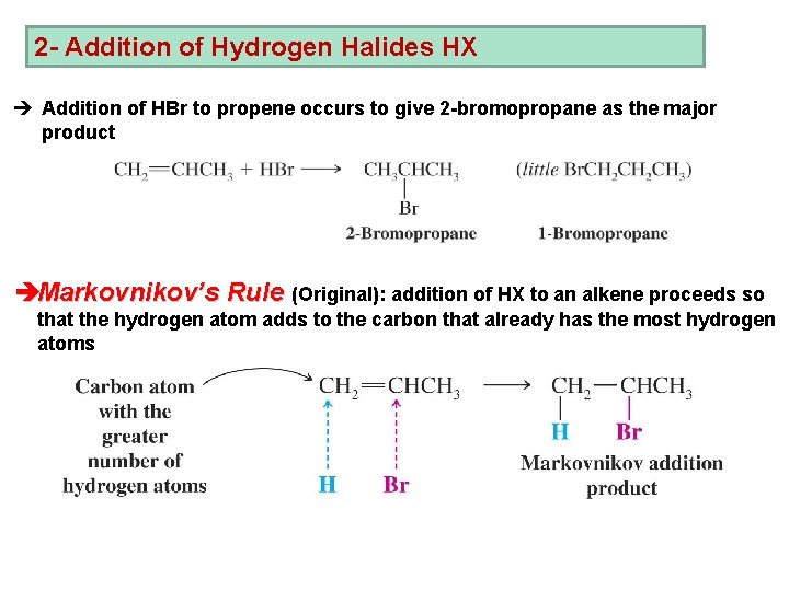 2 - Addition of Hydrogen Halides HX è Addition of HBr to propene occurs