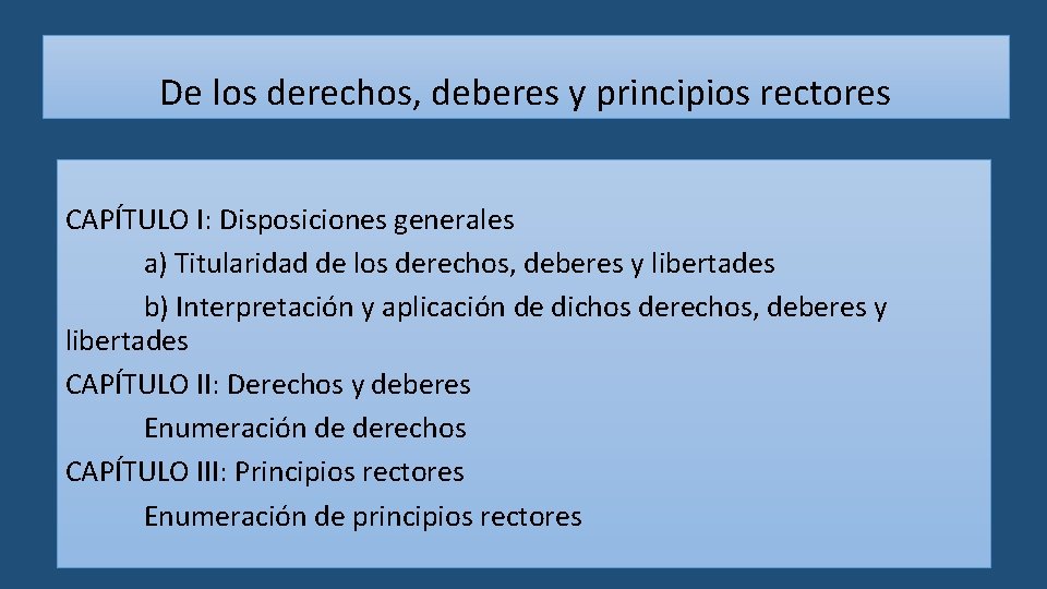 De los derechos, deberes y principios rectores CAPÍTULO I: Disposiciones generales a) Titularidad de