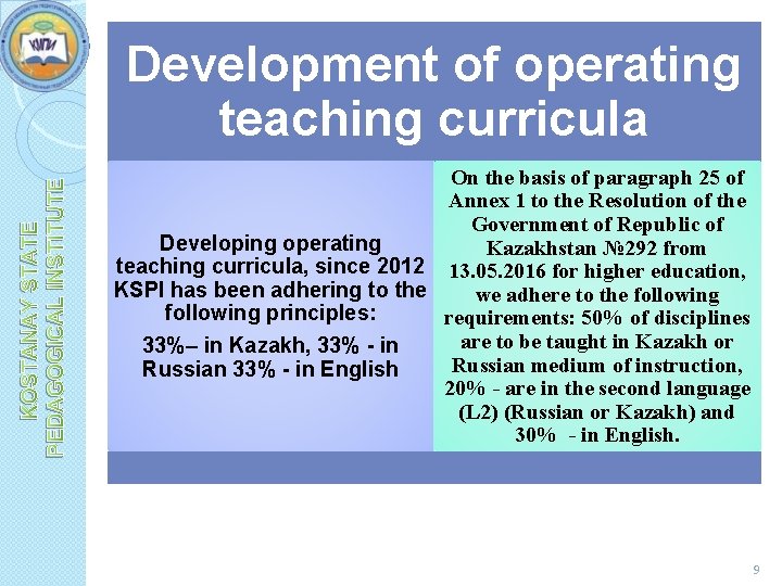 KOSTANAY STATE PEDAGOGICAL INSTITUTE Development of operating teaching curricula On the basis of paragraph