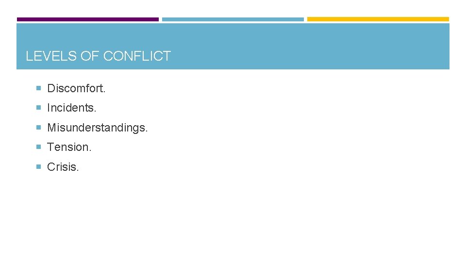 LEVELS OF CONFLICT Discomfort. Incidents. Misunderstandings. Tension. Crisis. 