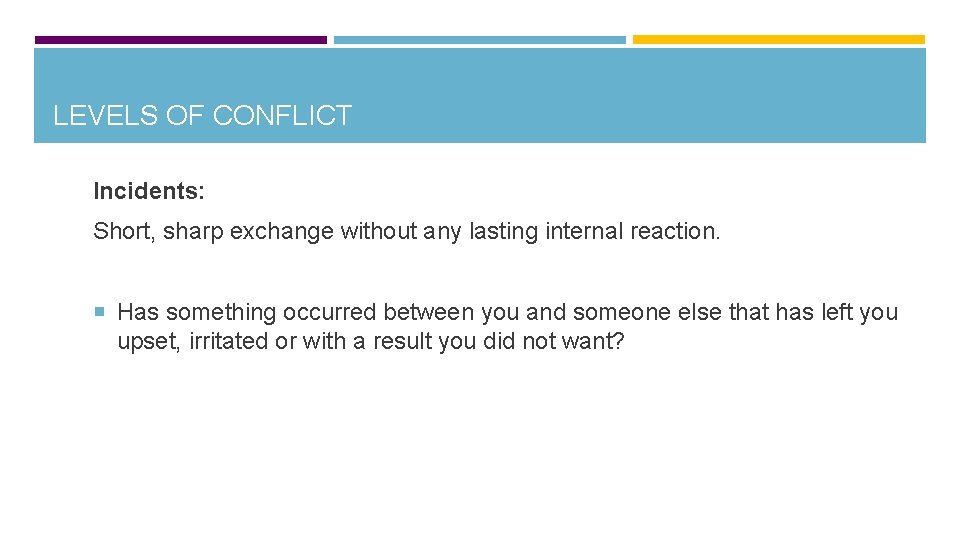 LEVELS OF CONFLICT Incidents: Short, sharp exchange without any lasting internal reaction. Has something