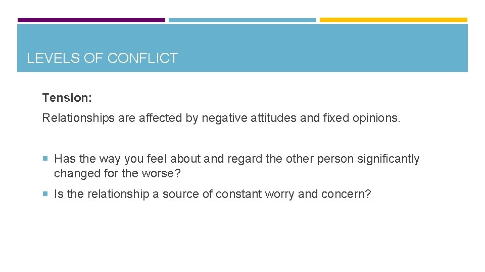 LEVELS OF CONFLICT Tension: Relationships are affected by negative attitudes and fixed opinions. Has