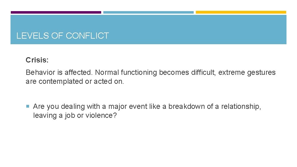 LEVELS OF CONFLICT Crisis: Behavior is affected. Normal functioning becomes difficult, extreme gestures are