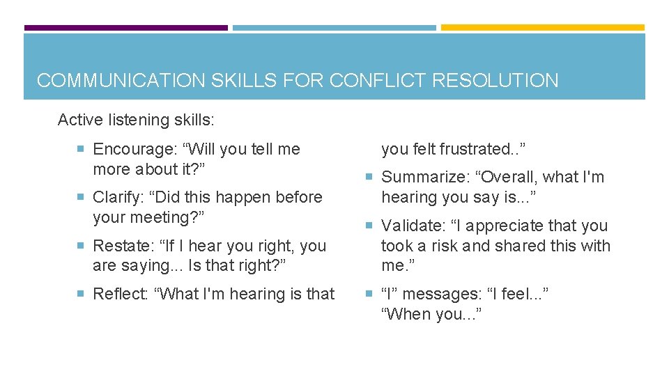 COMMUNICATION SKILLS FOR CONFLICT RESOLUTION Active listening skills: Encourage: “Will you tell me more