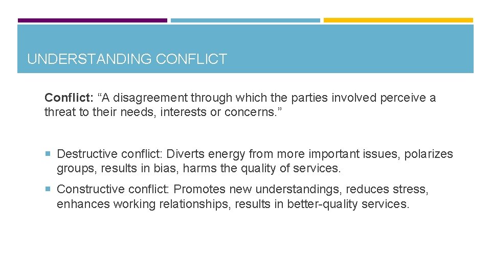 UNDERSTANDING CONFLICT Conflict: “A disagreement through which the parties involved perceive a threat to