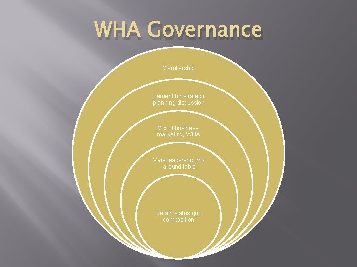 WHA Governance Membership Element for strategic planning discussion Mix of business, marketing, WHA Vary