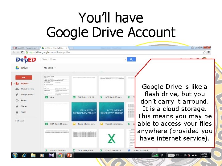 You’ll have Google Drive Account Google Drive is like a flash drive, but you