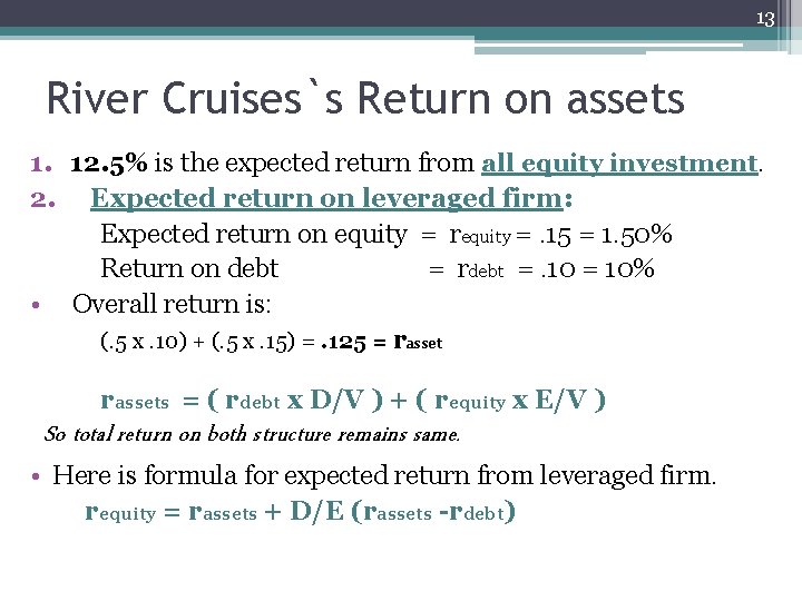 13 River Cruises`s Return on assets 1. 12. 5% is the expected return from