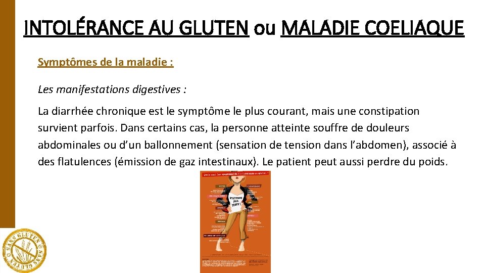 INTOLÉRANCE AU GLUTEN ou MALADIE COELIAQUE Symptômes de la maladie : Les manifestations digestives