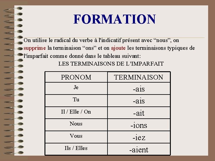 FORMATION On utilise le radical du verbe à l'indicatif présent avec “nous”, on supprime FORMATION On utilise le radical du verbe à l'indicatif présent avec “nous”, on supprime