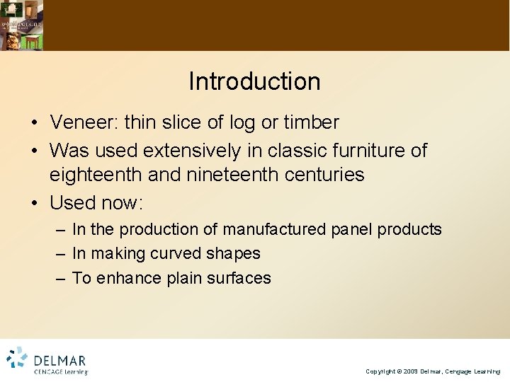 Introduction • Veneer: thin slice of log or timber • Was used extensively in