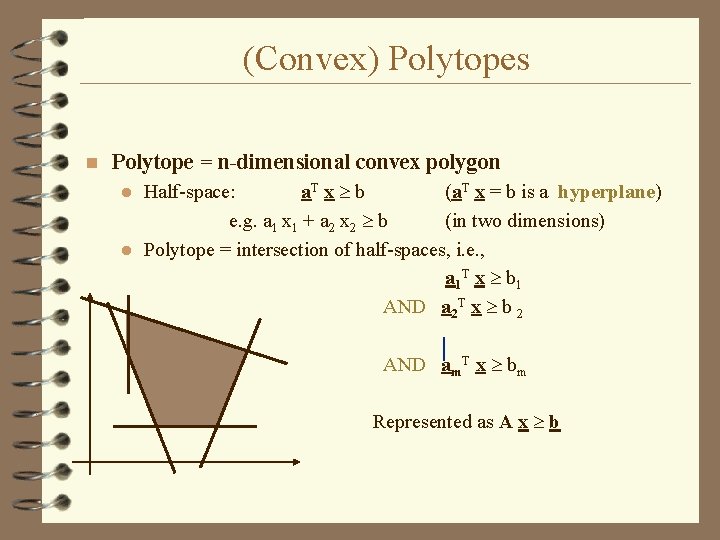 (Convex) Polytopes n Polytope = n-dimensional convex polygon Half-space: a. T x b (a.