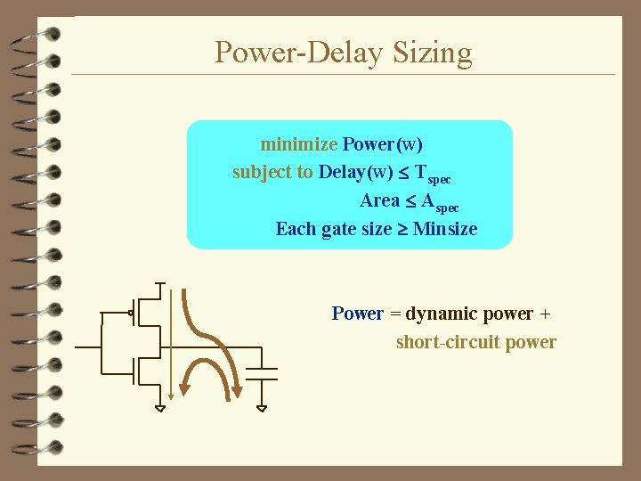 Power-Delay Sizing minimize Power(w) subject to Delay(w) Tspec Area Aspec Each gate size Minsize