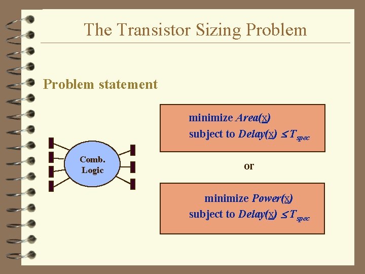 The Transistor Sizing Problem statement minimize Area(x) subject to Delay(x) Tspec Comb. Logic or