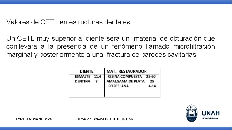 Valores de CETL en estructuras dentales Un CETL muy superior al diente será un