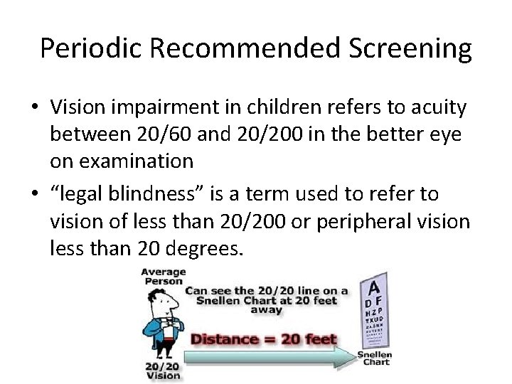 Periodic Recommended Screening • Vision impairment in children refers to acuity between 20/60 and