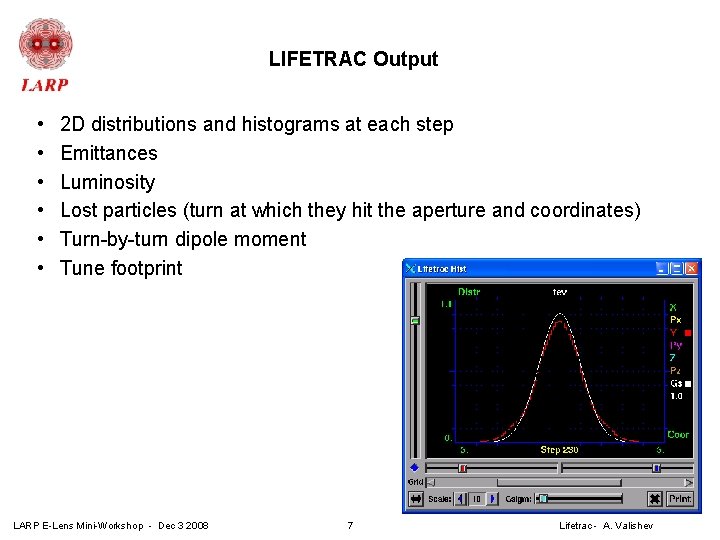 LIFETRAC Output • • • 2 D distributions and histograms at each step Emittances