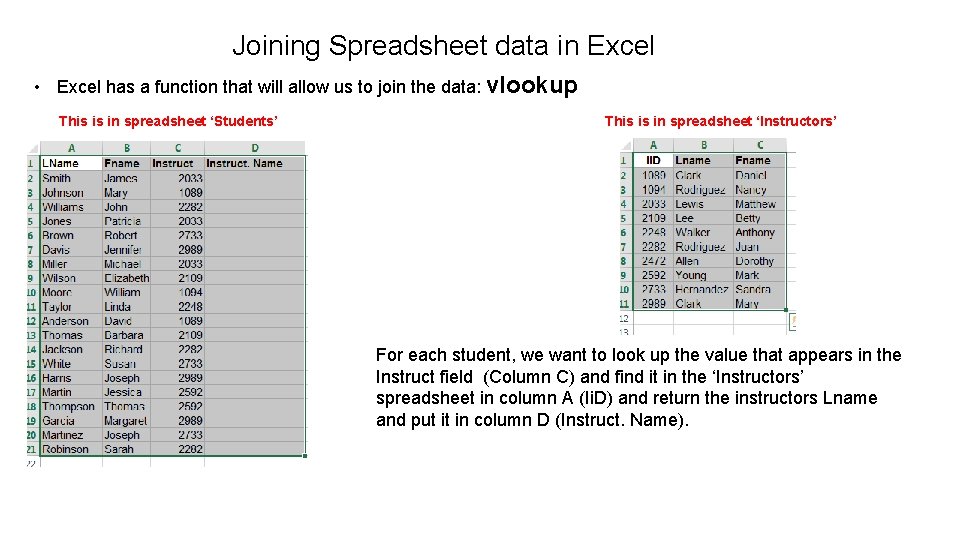 Joining Spreadsheet data in Excel • Excel has a function that will allow us