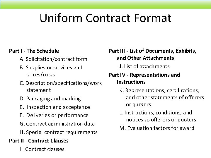 Uniform Contract Format Part I - The Schedule A. Solicitation/contract form B. Supplies or