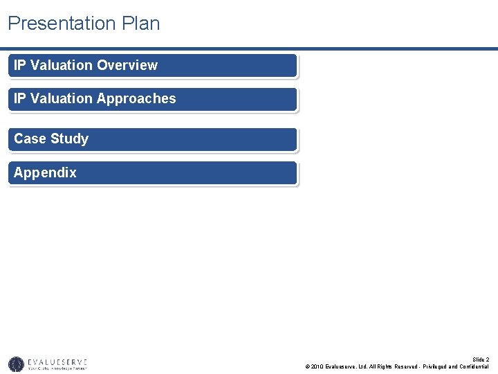 Presentation Plan IP Valuation Overview IP Valuation Approaches Case Study Appendix Slide 2 ©