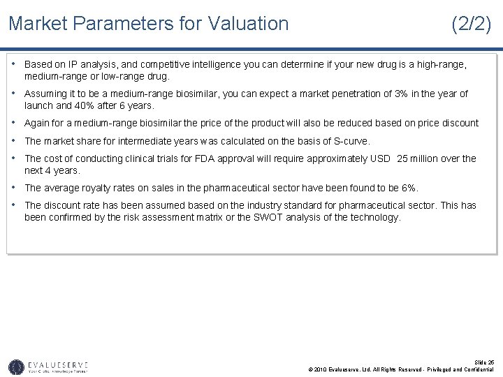 Market Parameters for Valuation (2/2) • Based on IP analysis, and competitive intelligence you