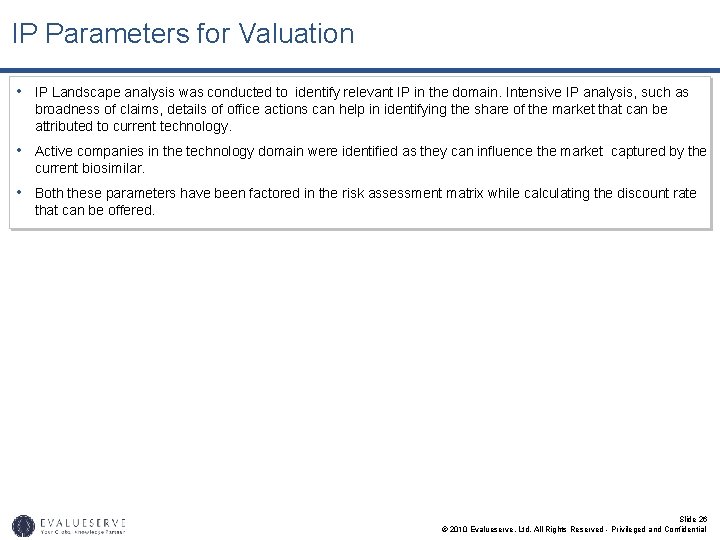 IP Parameters for Valuation • IP Landscape analysis was conducted to identify relevant IP
