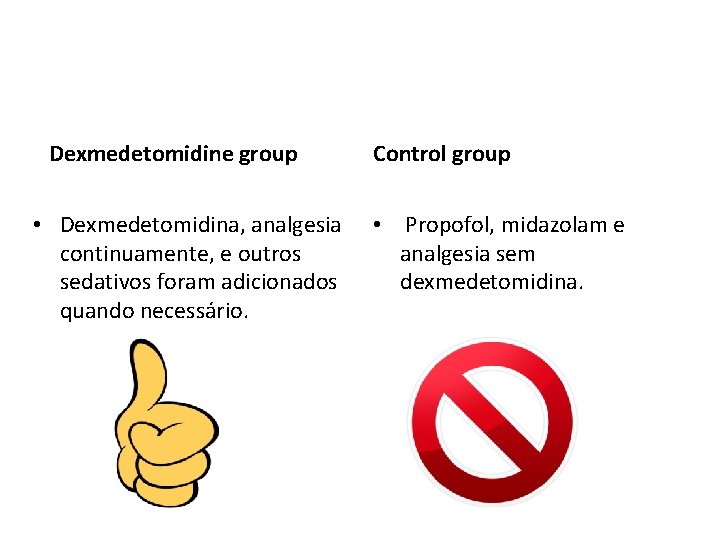 Dexmedetomidine group • Dexmedetomidina, analgesia continuamente, e outros sedativos foram adicionados quando necessário. Control