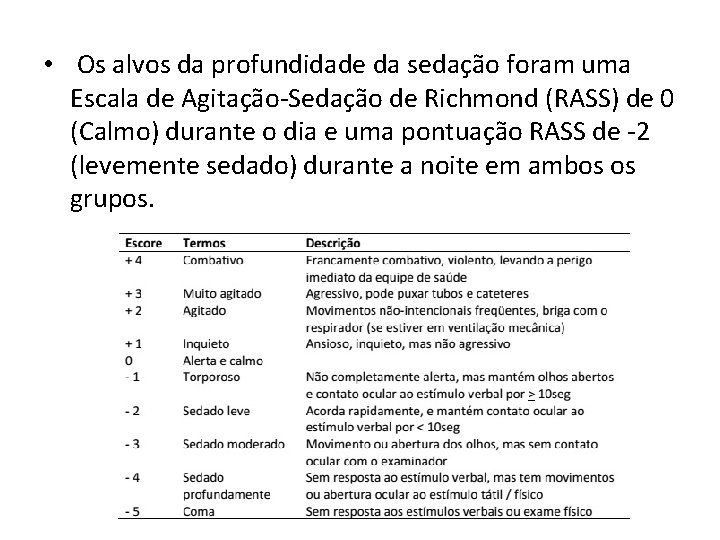  • Os alvos da profundidade da sedação foram uma Escala de Agitação-Sedação de