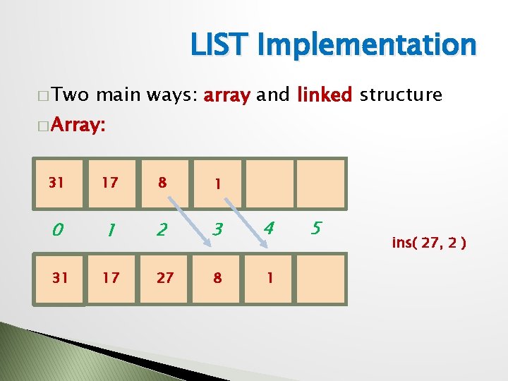 LIST Implementation � Two main ways: array and linked structure � Array: 31 17