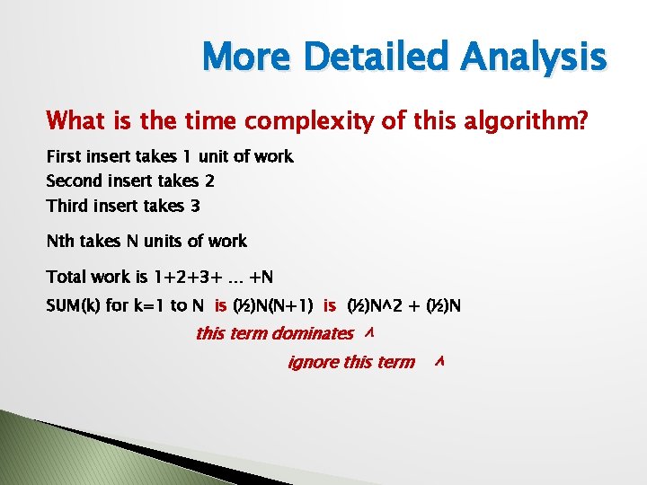 More Detailed Analysis What is the time complexity of this algorithm? First insert takes
