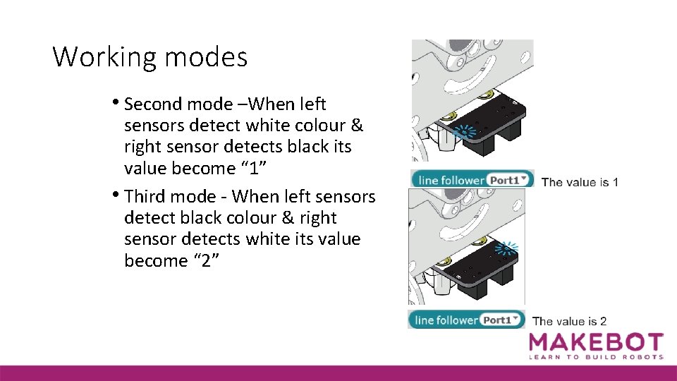 Working modes • Second mode –When left sensors detect white colour & right sensor