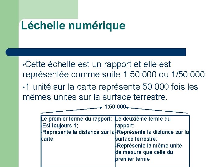 Léchelle numérique • Cette échelle est un rapport et elle est représentée comme suite