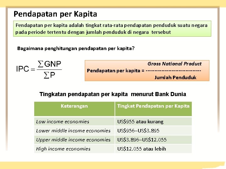 Pendapatan per Kapita Pendapatan per kapita adalah tingkat rata-rata pendapatan penduduk suatu negara pada