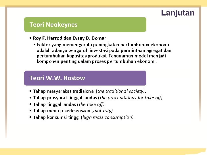 Lanjutan Teori Neokeynes • Roy F. Harrod dan Evsey D. Domar • Faktor yang