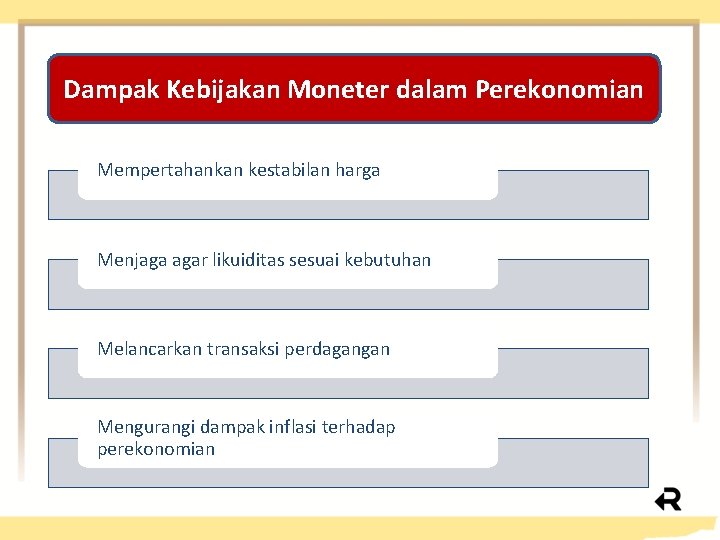 Dampak Kebijakan Moneter dalam Perekonomian Mempertahankan kestabilan harga Menjaga agar likuiditas sesuai kebutuhan Melancarkan